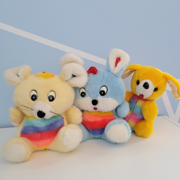 Vintage Easter Friends Stuffed Animal Plush Rainbow Puppy Mouse Bunny - Picture 2 of 16